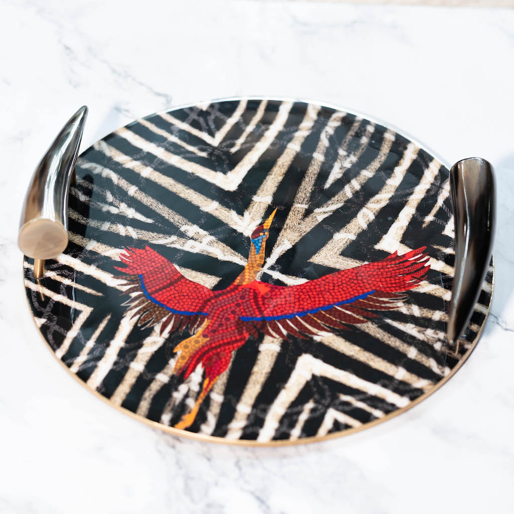 Feathered Finesse Serving Tray with Horn Handles