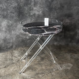 round tray, acrylic tray, plexiglass, petrified wood print, black, white, acrylic stand tray,