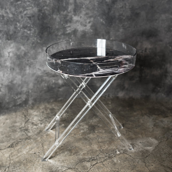 round tray, acrylic tray, plexiglass, petrified wood print, black, white, acrylic stand tray,
