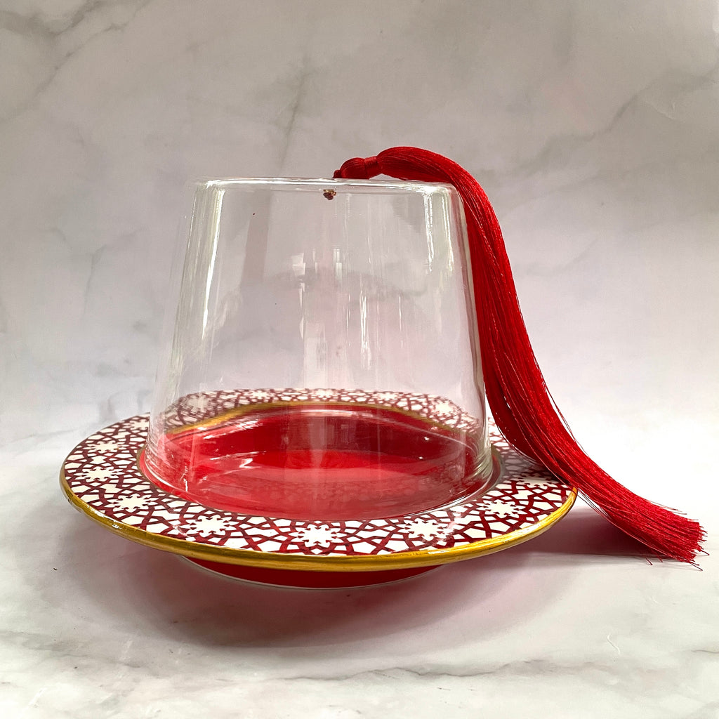 Iznik Ceramic Cake Plate with Fez Glass Top and Tassle