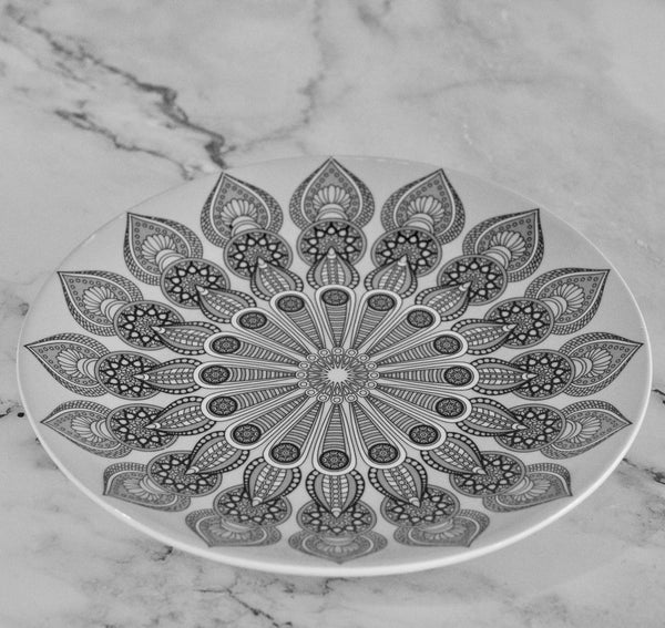 Midnight Monochrome  Bohemian Mandala Ceramic Plates