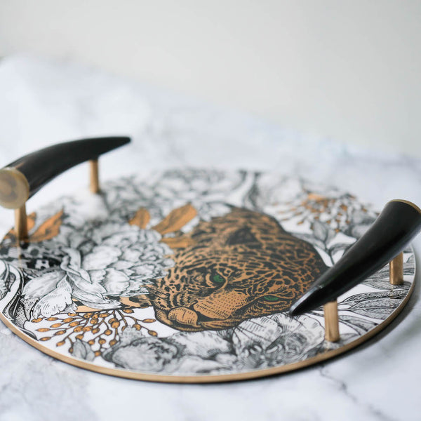 Leopard Serving Tray with Horn Handles