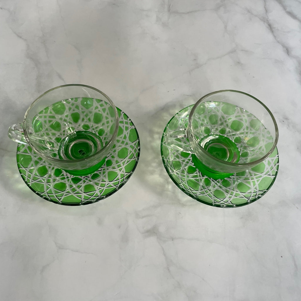 Handcut Glass Teaset  Set of 2 Green