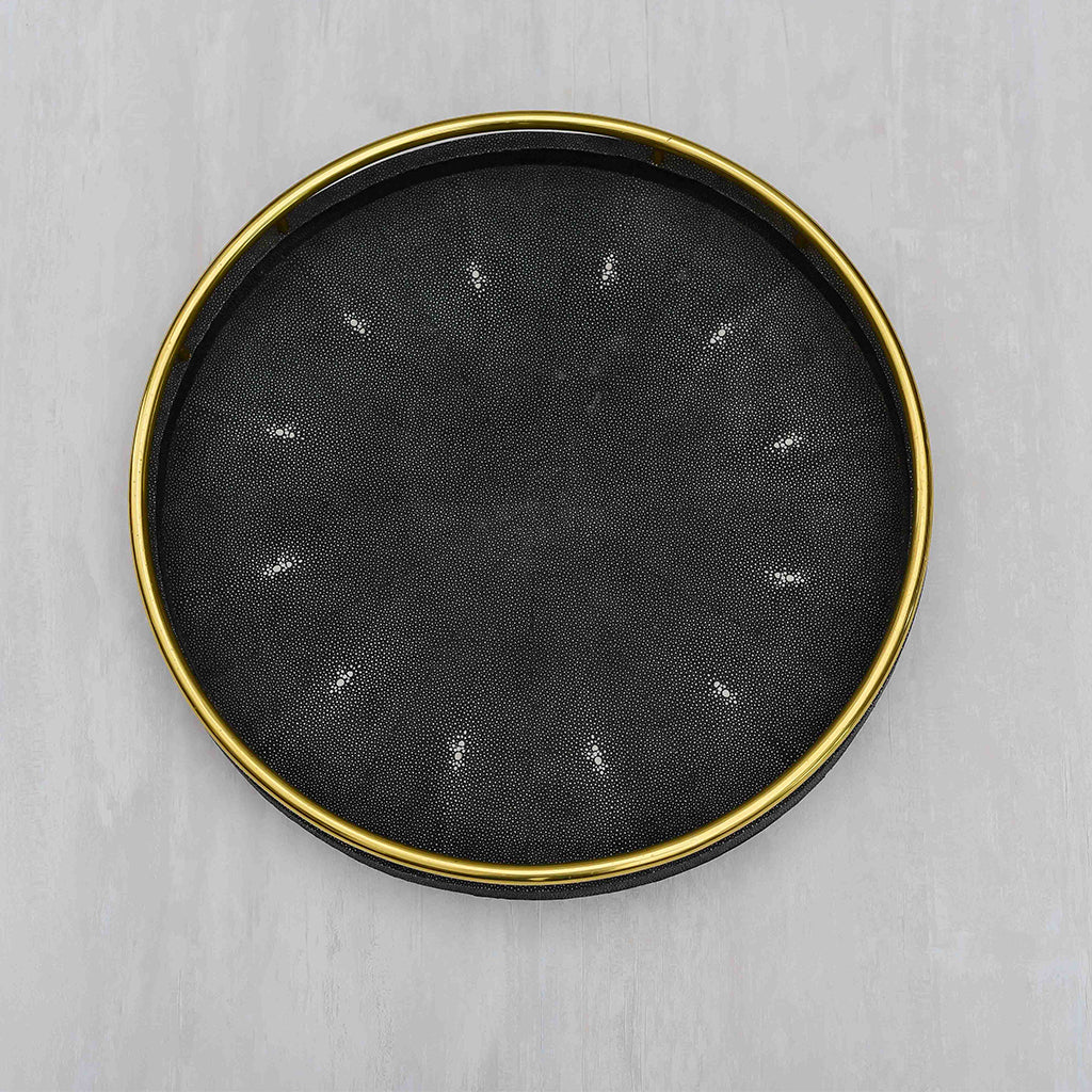 Celeste Faux Shagreen Round with Brass Ring Handle Black Tray (L)