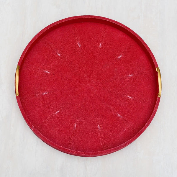 Faux Shagreen, Round, Brass Handle, Red, Large, tray, serving, drinks, coffee, tea, table, exclusive design, formal,