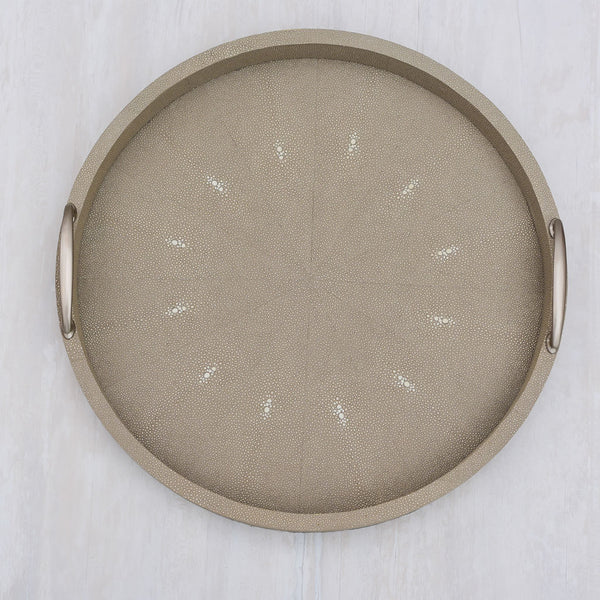 Faux Shagreen Round with Brass Handle Taupe Large