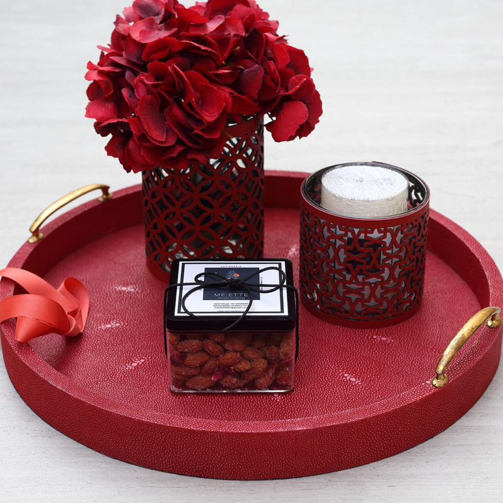Cleo Shagreen Red Round Tray  with Candlestand